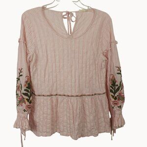 Boho Fairy Cottage Core Sheer Smocked Floral Cotton Tasseled Pink Green Blouse L